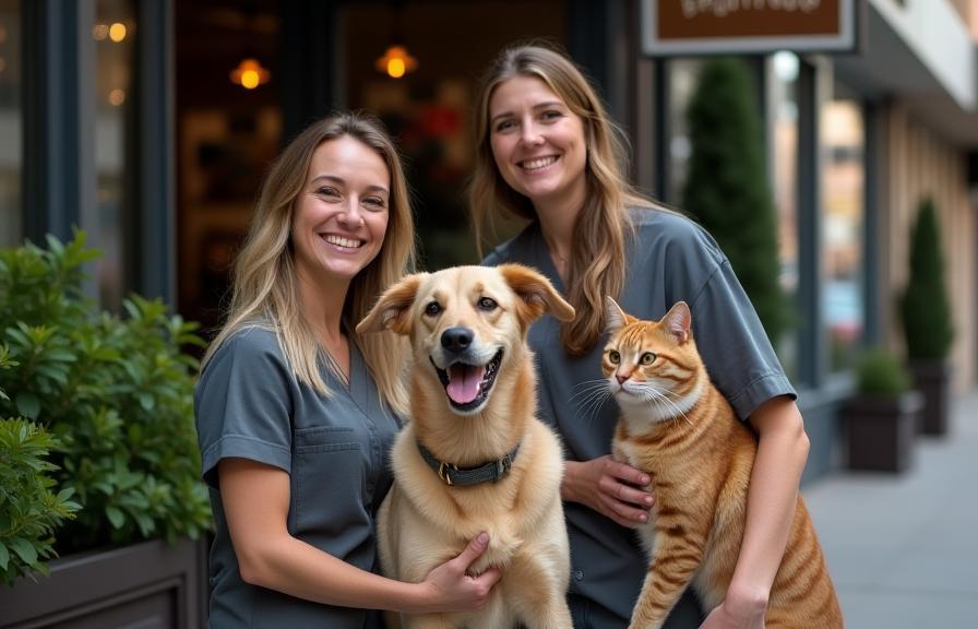 Équipe du magasin devant la boutique avec chien et chat