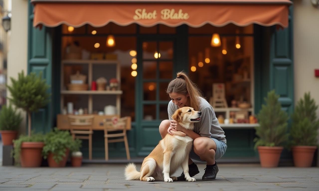 Propriétaire caressant son chien devant une boutique à Paris