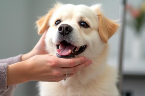 Toiletteur caressant un chien propre et heureux