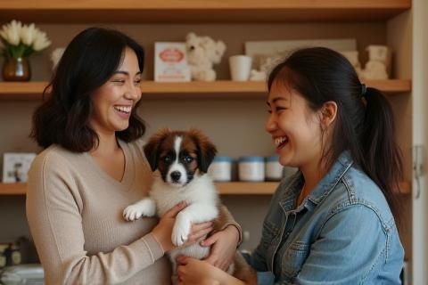 Famille adoptant un chiot à la boutique